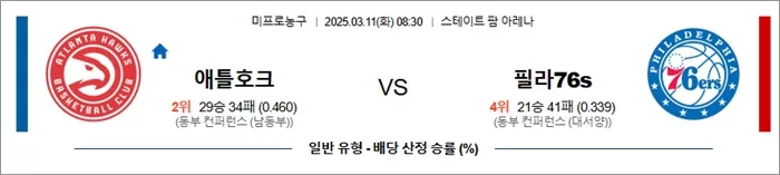 3월 11일 NBA 애틀호크 vs 필라76s