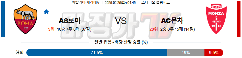 02일 25일 세리에 A AS 로마 AC 몬차 해외축구분석 무료중계 스포츠분석