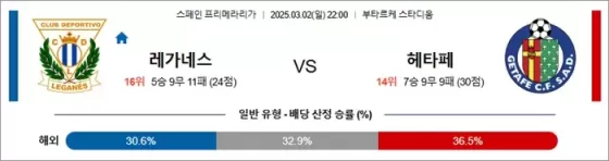 3월 02일 라리가 레가네스 vs 헤타페