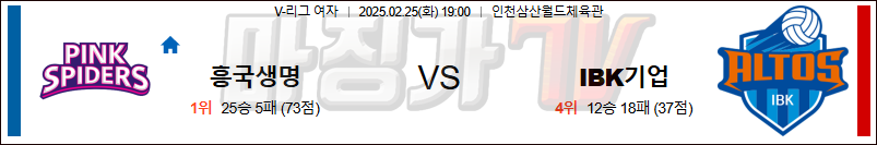 02일 25일 V-리그 여자부 흥국생명 IBK 기업은행 국내농구/배구분석 무료중계 스포츠분석