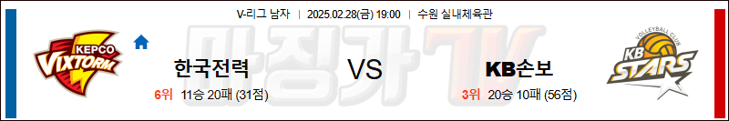 02월 28일 V-리그 남자부 한국전력 KB 손해보험 국내농구/배구분석 무료중계 스포츠분석